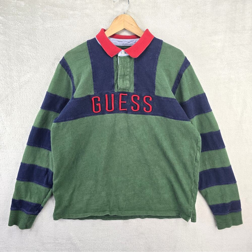 Guess Striped Rugby Polo Shirt Large Green Navy Red Long Sleeve Vintage Y2K